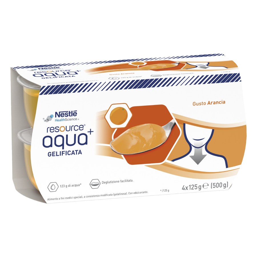 Resource Aqua + Orange 4×125 ml - Nestlè - Bevanda Gelificata - Bevanda pronta per disfagia e difficoltà di deglutizione